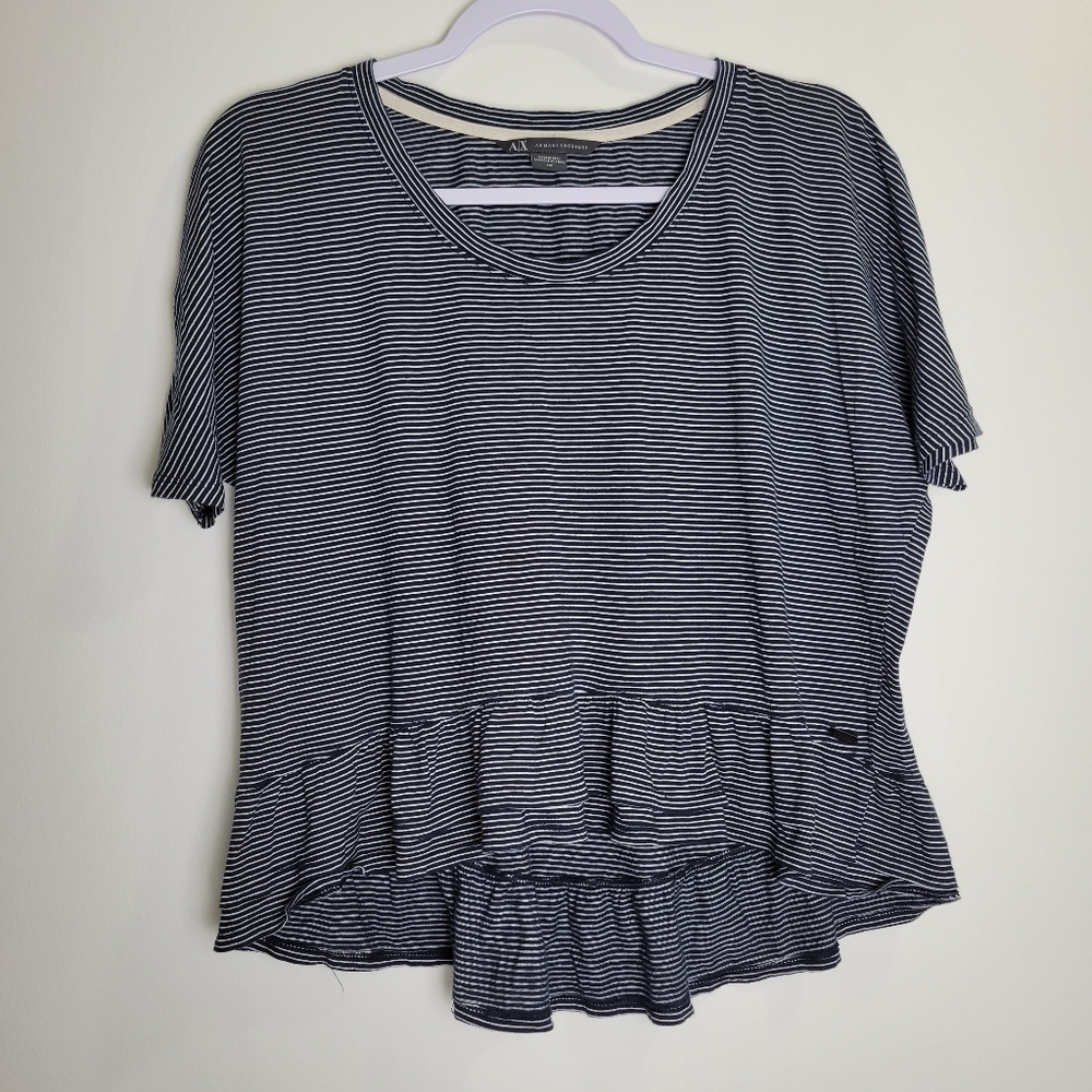 Armani Exchange A | X Classic Striped Ruffle Hem Tier 3/4 Sleeve Top S